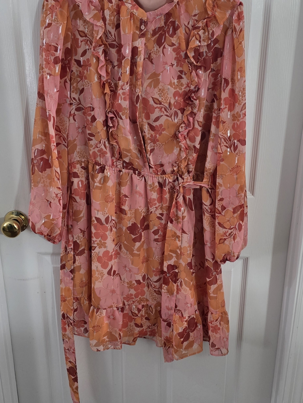LC Lauren Conrad Pink and Orange Floral Ruffle Tie-Waist Dress